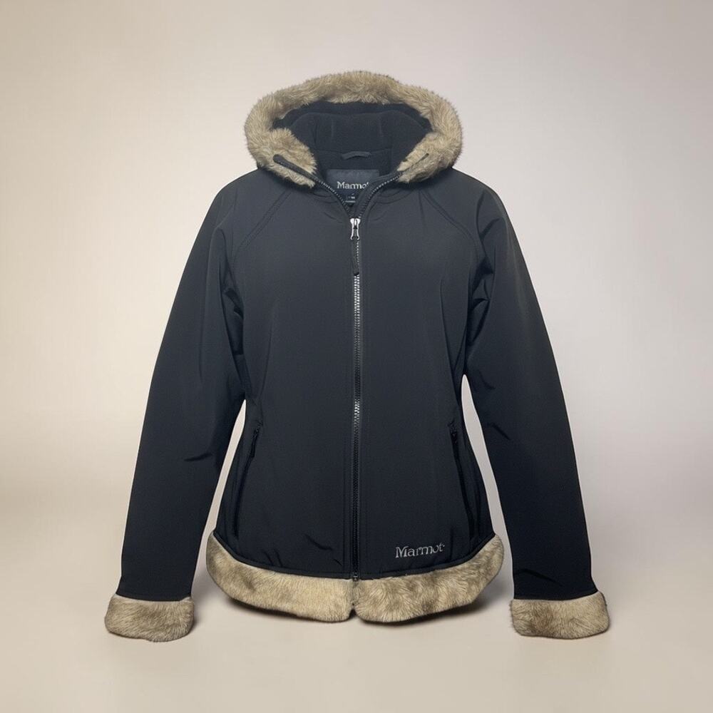 Marmot Black Hooded Jacket with Faux Fur Trim Around Hood Sleeves and Hem Sz Med